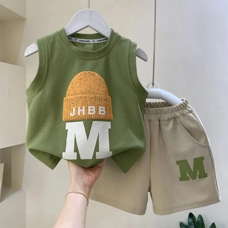 Children's Clothing Set Summer 2023 New Fashionable Boys and Baby Sleeveless T-shirt and Shorts 2-piece Set Kids Outfits