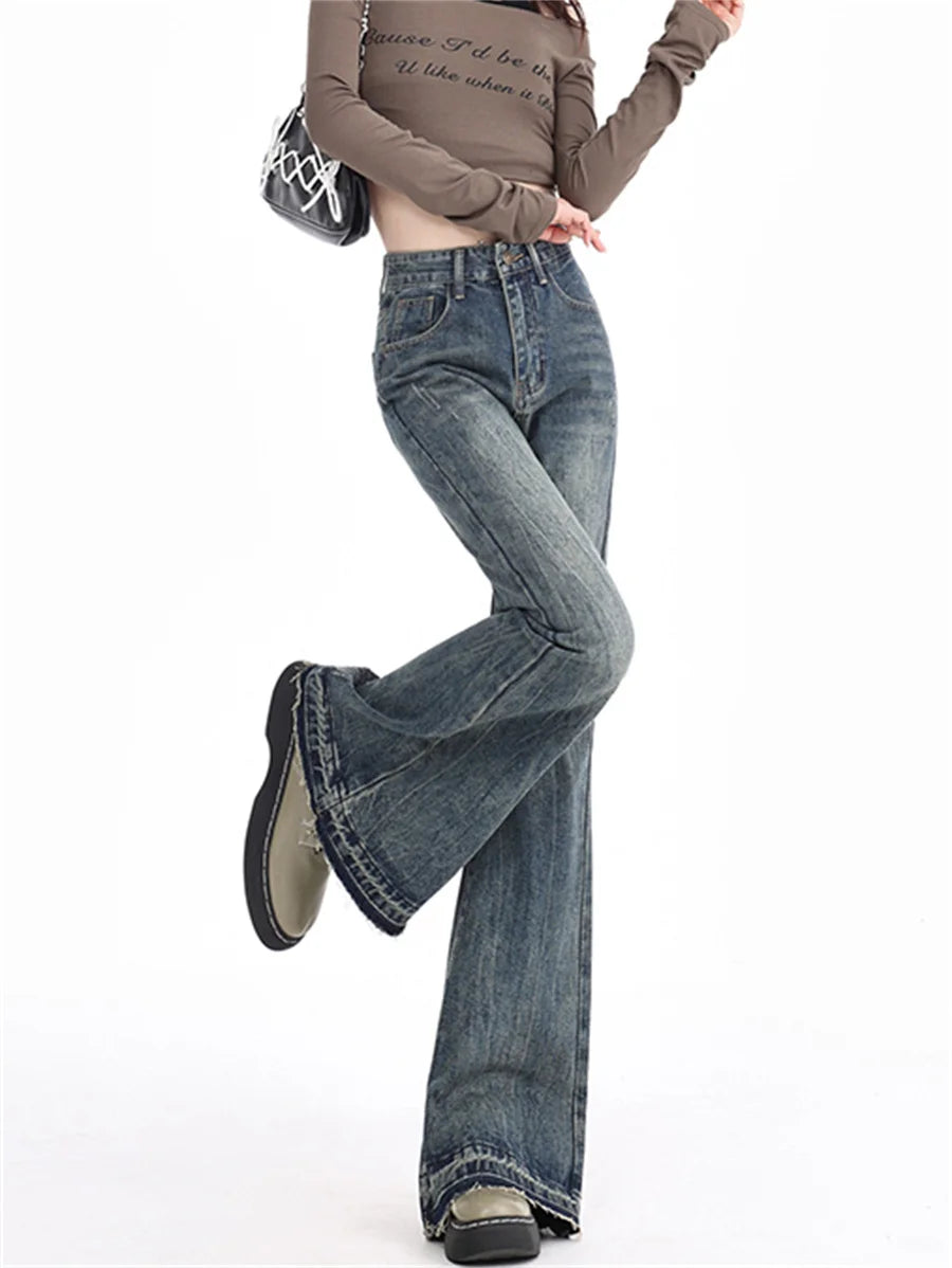 Burr Edge Design Vintage Flare Jeans High Waist Korea Casual Skinny Denim Pants New Women Streetwear Strecth Boot Cut vaqueros