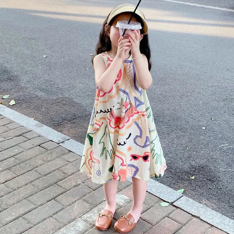 ARWEN AJH 2024 Summer Korean Children Girls Sundress Graffiti Printed Toddler Girls Sundress Loose Casual Young Kids Girl Sleeveless Dress