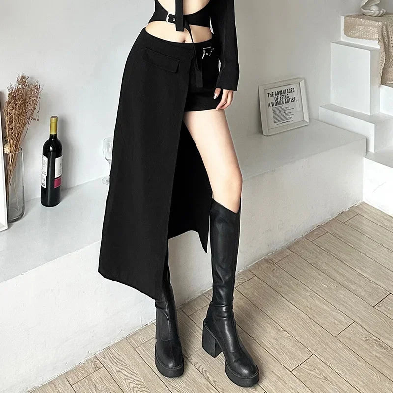 مجموعة اروين التجارية ARWEN&AJH GROUP  2024 European  Gothic Skirts Goth Dark Patchwork Sexy Mini Women Grunge Irregular Hem High Waist Cargo Skirt Hip Hop Black Summer