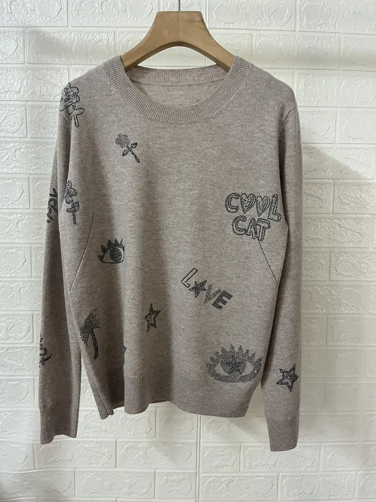 2 Colors Women Letter Stars Floral Hot Rhinestone Sweater 100% Cashmere Long Sleevelady Pullover Autumn Winter 2024