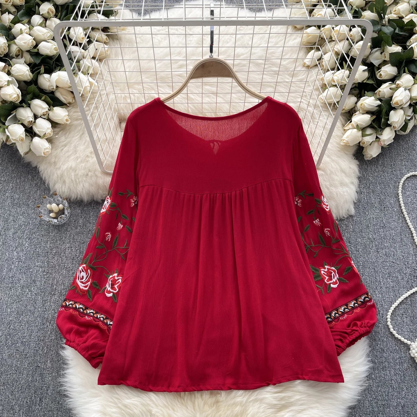 ARWEN AJH  Ethnic Style Top Women's New 2024 spring Vintage Heavy Embroidered floral Puff Sleeve Loose All-match pullover shirt blouse