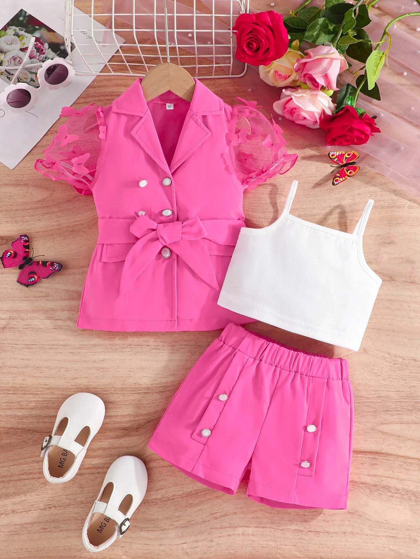 Baby Clothes Set 3-8 Years old Tulle Butterfly Sleeve Vest Coat and Shorts Outfit Clothing Formal Suit For Kids Girl