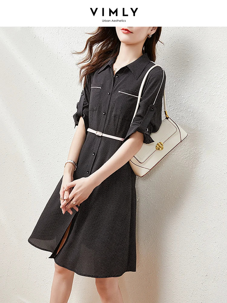 arwen ajh Vintage Button-up Shirt Dress Women Spring Autumn Black Dot Long Dresse Belted Elegant Dresses Female