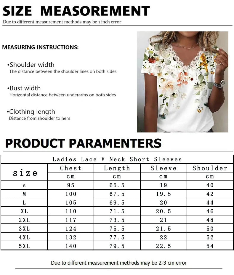 2024 Women'S T-Shirt V-Neck Lace Short-Sleeved Street Fashion Clothing Flower Print Trend Top Loose Women'S V-Neck T-Shirt Top