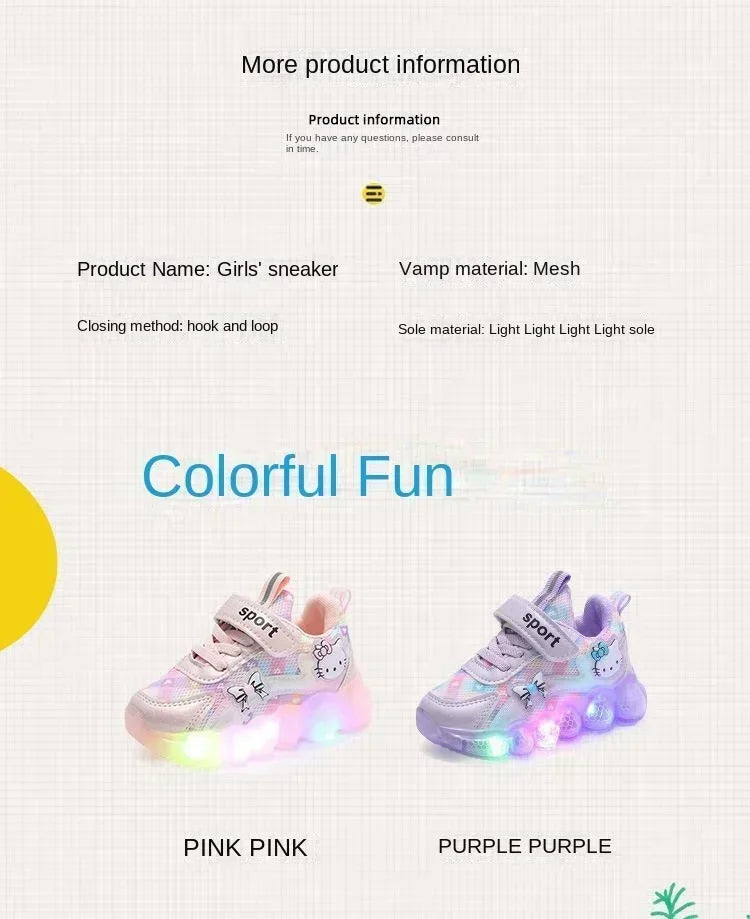 Cute Hello Kitty Casual Shoes for Baby Girl Children Led Light Sneakers Kids Shoes Toddler Walking Shoes Kids Anti-slip Shoes