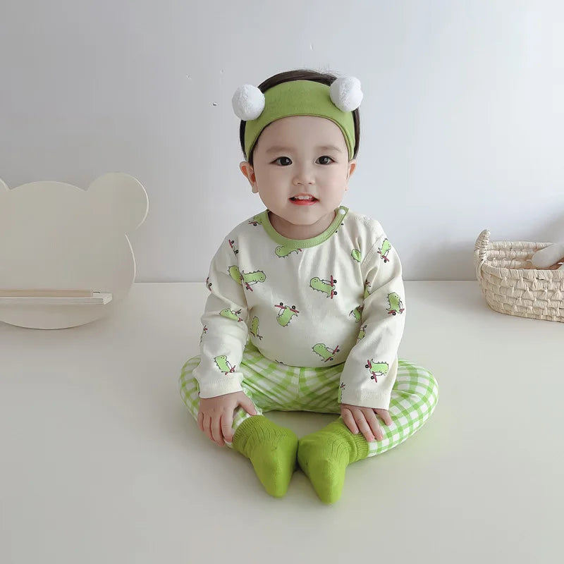 2024 Korean Ins Kids Loungewear Outfit Set Cotton Autumn Pants Boys Girls Pajamas Baby Winter Indoor Clothes 0 To 24 Months