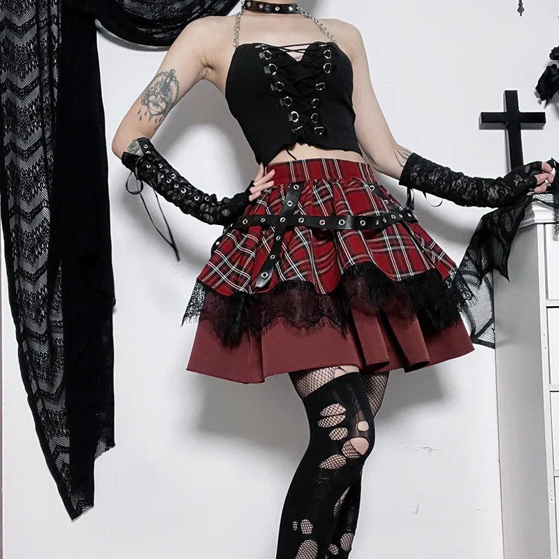 مجموعة اروين arwen&ajh group 2024  Gothic  Girls Plaid Pleated Skirt Punk Sweet Lace Kawaii Clothing  Lolita Cake Mini Skirts Cosplay Costume