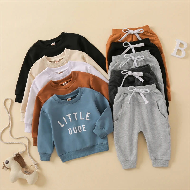 VISgogo 0-3Y Baby Boys Clothes Autumn Set Letter Print Sweatshirts Tops Elastic Drawstring Pants Toddler Outfits 2pcs Set