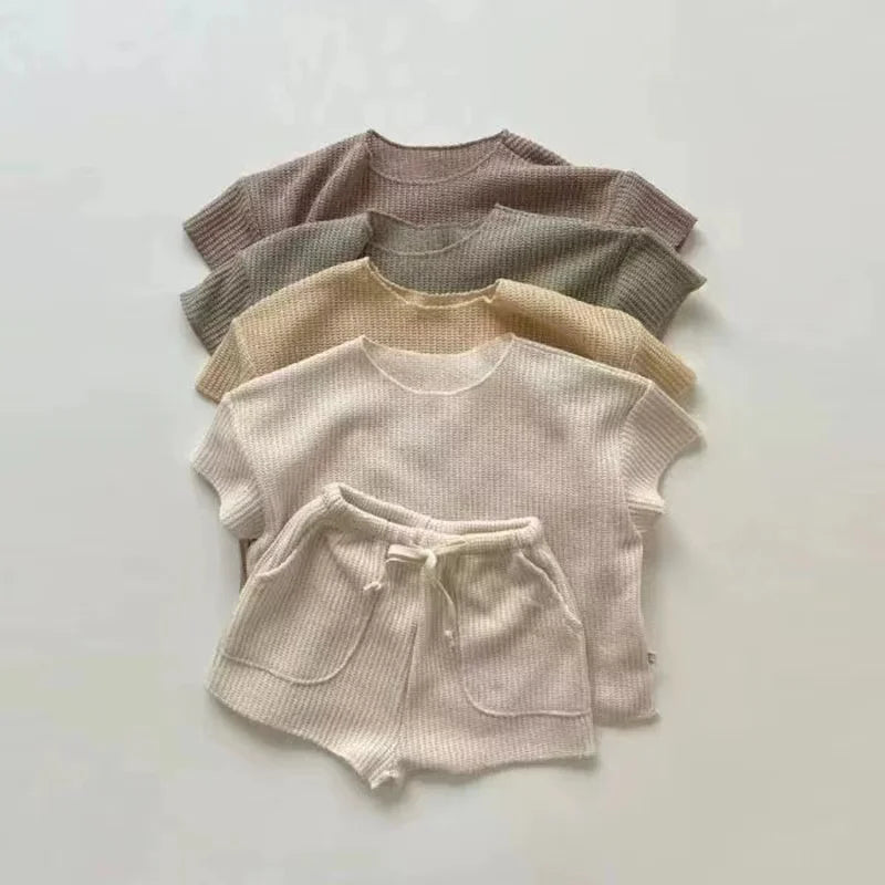 Summer Boys Girls Clothing Sets Korean Infant Young Children's Casual Short-Sleeved Loungewear Suit Baby Loose Knitted Set