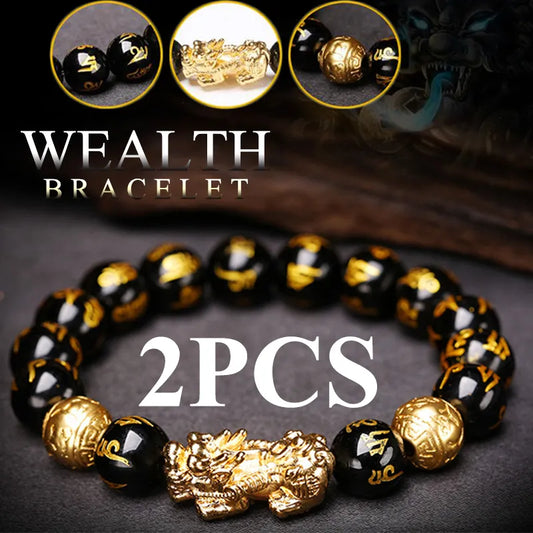 2PCS Feng Shui Black Obsidian Wealth Bracelets for Women Men Obsidian Stone Beads  Character Bracelet Lucky Jewelry