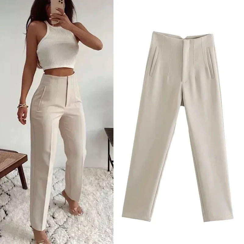 TRAF Fashion Office Wear High waist Pants for Women Formal Pants Office outfits Pencil Trousers Black Pink White Ladies Pants