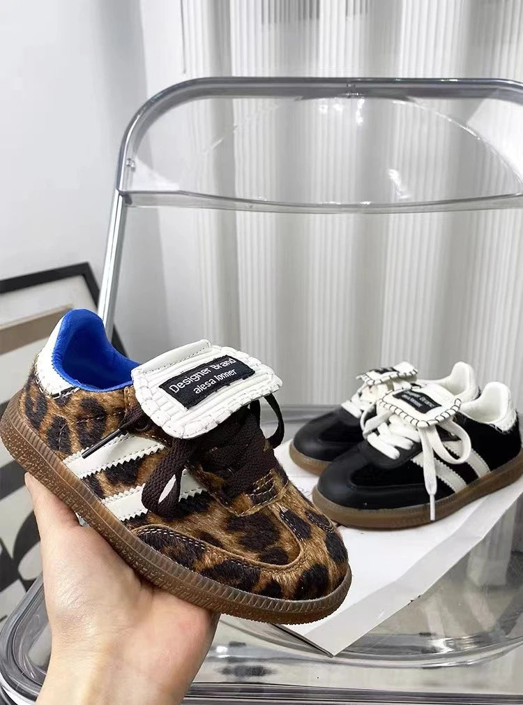 Children Boys Girls Leopard Horse Hair German Trainer Genuine Leather Sneakers Toddler Kid Light Breathable Sports Running Shoes