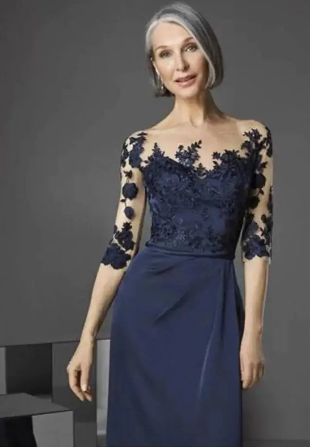 Navy Blue Lace Decorated mother of the bride Groom Maxi dress with Midi sleeves evening dress