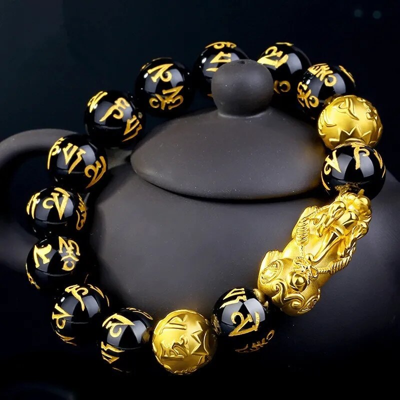 2PCS Feng Shui Black Obsidian Wealth Bracelets for Women Men Obsidian Stone Beads  Character Bracelet Lucky Jewelry