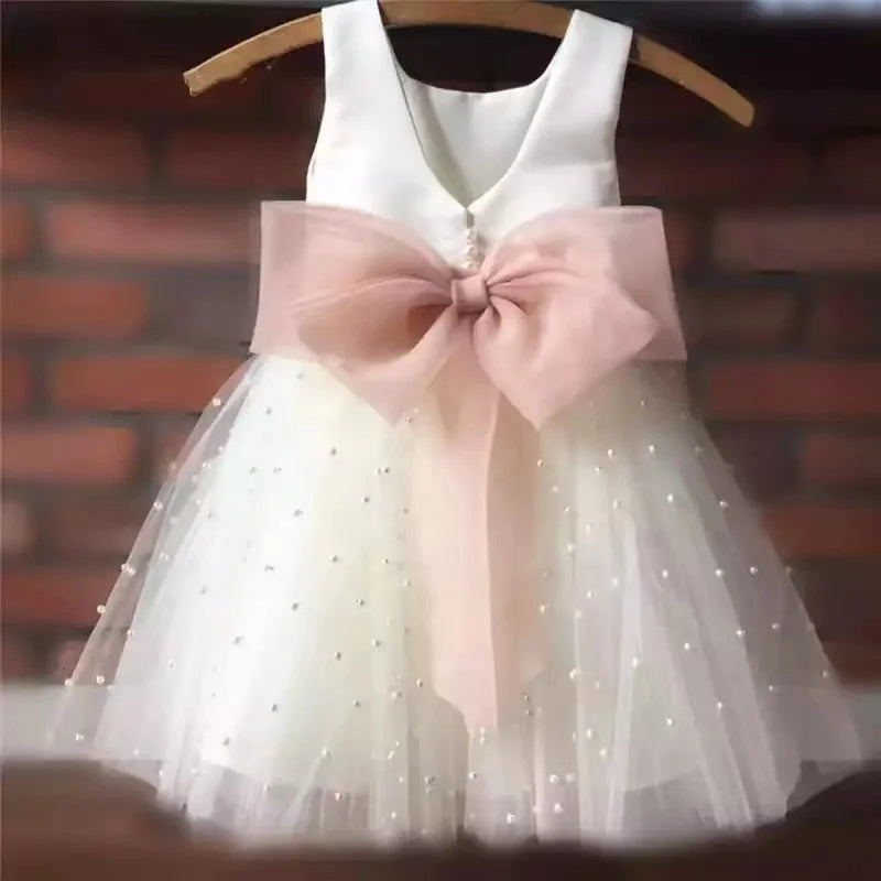 arwen & ajh group Kids Pearls Tulle Pageant Skirt Flower Girl Dress Chiffon Bow Sashes First Communion Clothing For Little Baby Princess Custom