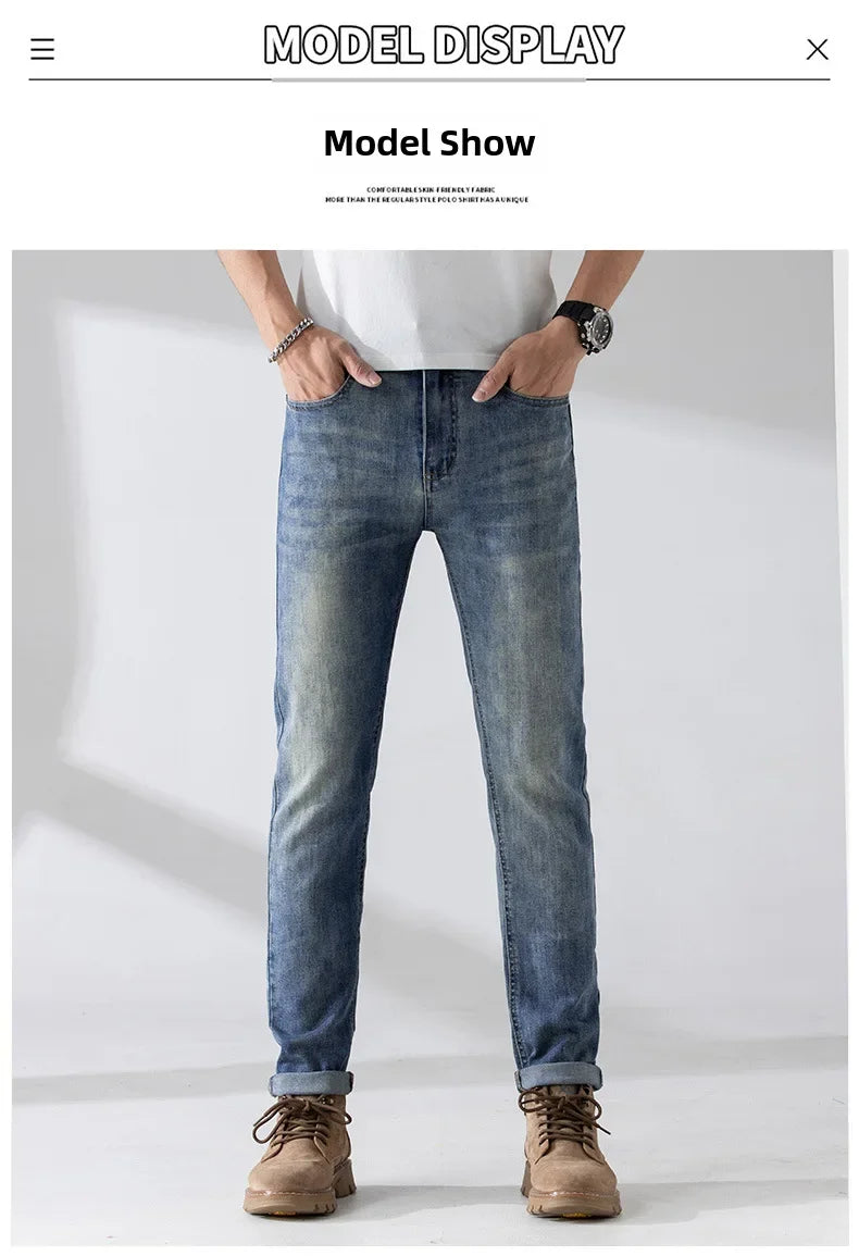 Spring Summer New High End Jeans Men's Elastic Slims Smooths Your Silhouette Casual Fashionable Trendy Denim Trousers