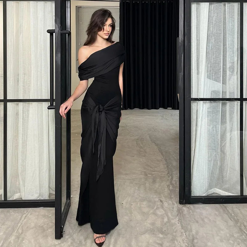 2024 Party Evening Dresses Elegant Black Slash Neck Maxi Dress For Women Fashion Short Sleeve Bodycon Banquet Vestidos Female