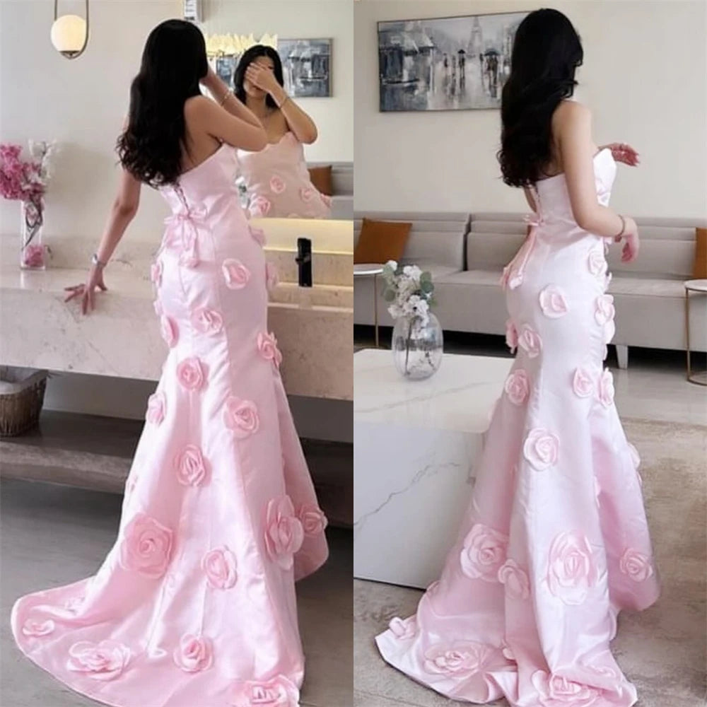 Prom Gown Evening Formal Dress Strapless Mermaid Floor Length 3D Rose Flower Skirts Bespoke Occasion Dresses Saudi Arabi