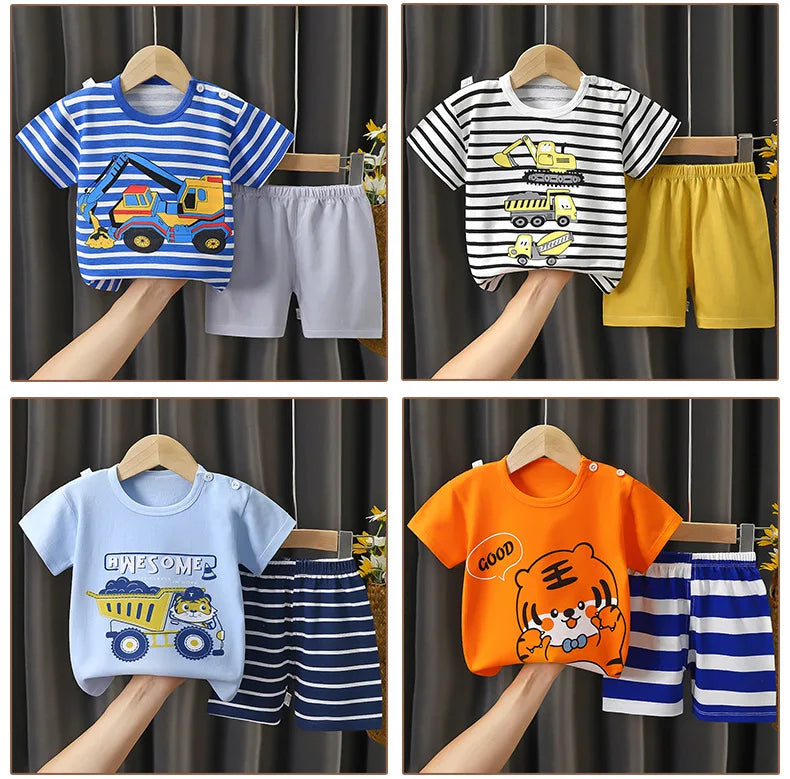 2024 New Kids Boys Girls Summer Pajamas Cute Cartoon Print Short Sleeve T-Shirt Tops with Shorts Toddler Baby Clothing Sets