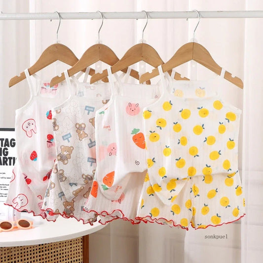 2024 New Kids Tops+shorts Set Summer Thin Baby Cotton Vest Sleeveless Loungewear Set for Girls Suit