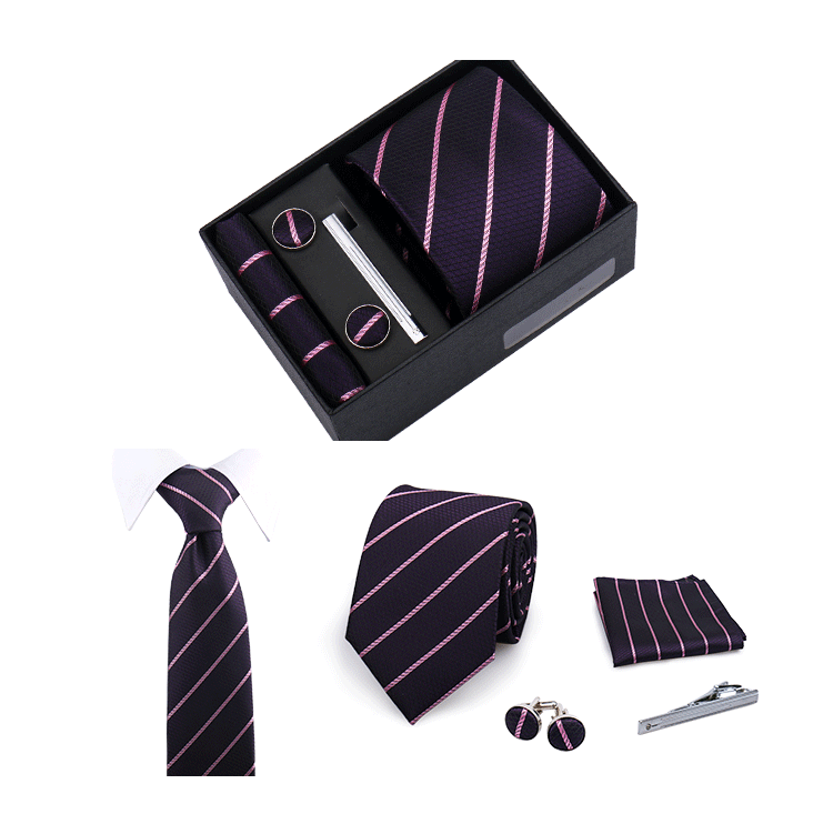 Fashion Elegant Men's Necktie Gift Box Striped Tie Handchief Cufflink Tie Clip 4 pcs Set Wedding Business Party Suit Accessories