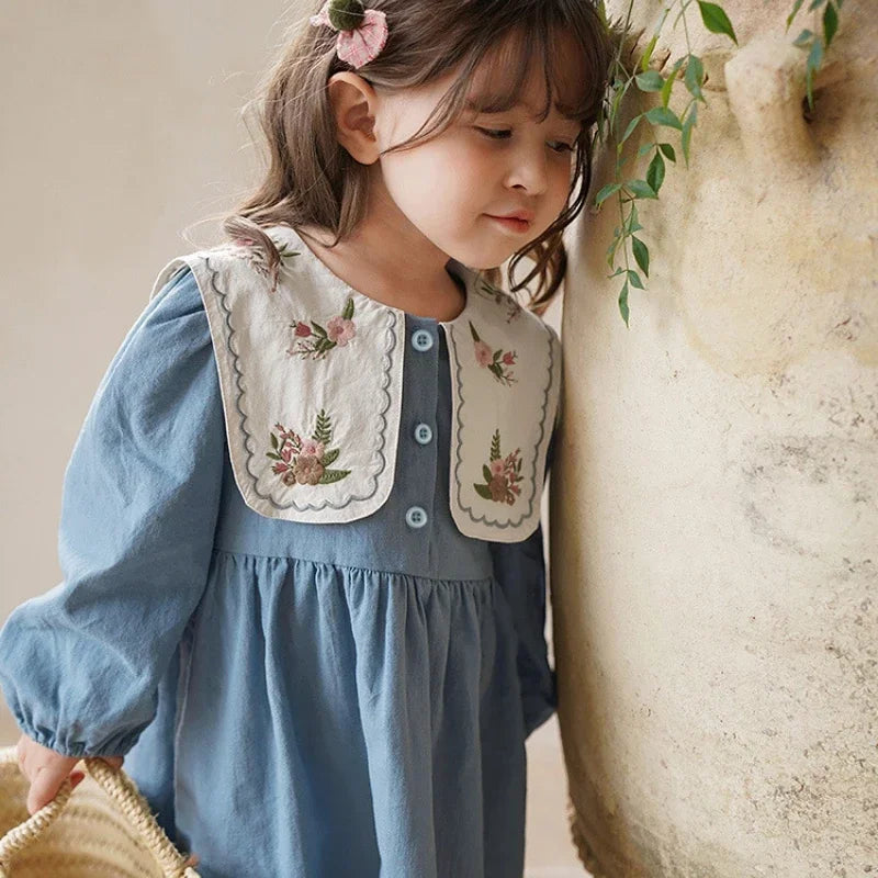 New Girls Dress Spring Autumn Long Sleeve Lapel Embroidered Princess Kids Clothes Fashion Korean Children Dresses 2-7Y