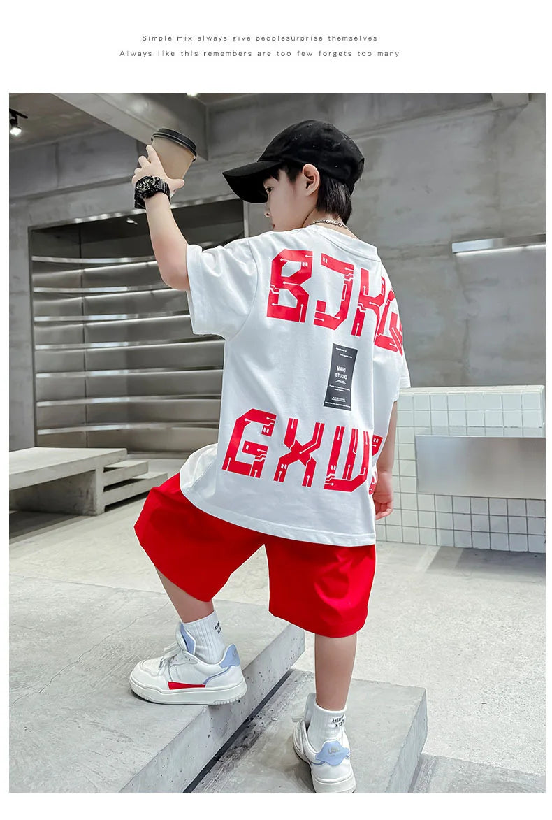 Junior Boy Summer Short-sleeved Suit Loose T-shirt + Shorts Sports Two-piece Suit Trendy Loungewear Outfit Children's Set