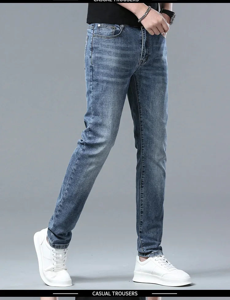 Free Shipping Slim Fit Men's Jeans Straight Leg Europe Trendy Brand Fashionable Washing Long Pants Casual Scene