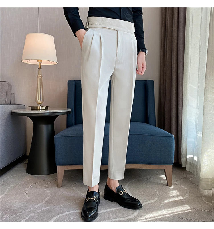 British Style Men High Waist Casual Dress Pant Men Belt Design Slim Trousers Formal Office Social Wedding Party Dress Suit Pants