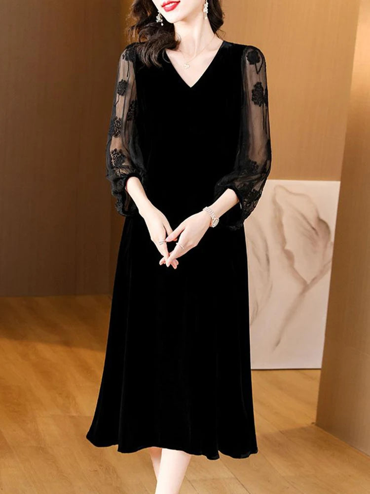 مجموعة أروين Women Elegant Luxury Party Evening Dress 2024 Black Velvet Patchwork Embroidery Sleeve Dress Autumn Winter Vintage Hepburn Dress