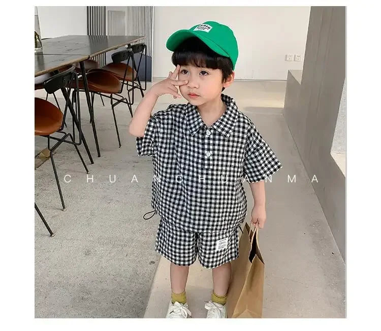 Children Clothing 2023 New Fashionable Boys Clothes Set Spring Summer Kids Sports Style Short Sleeves Plaid Shorts Two Piece Set