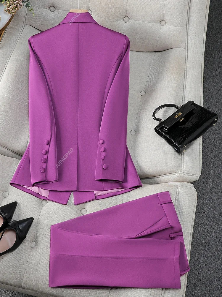 Fashion Office Ladies Formal Pant Suit Set Women Blue Pink Yellow Female Business Work Wear 2 Piece Blazer Jacket And Trouser