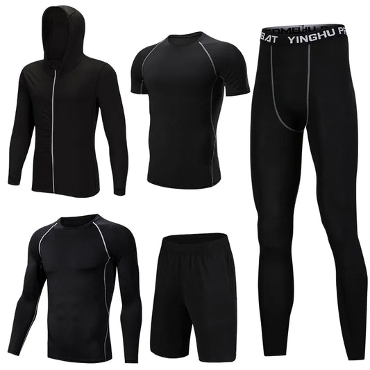 5 Pcs Mens Compression Set Running Tights Workout Fitness Training Tracksuit Short sleeve Shirts Sport Suit kit S-4XL