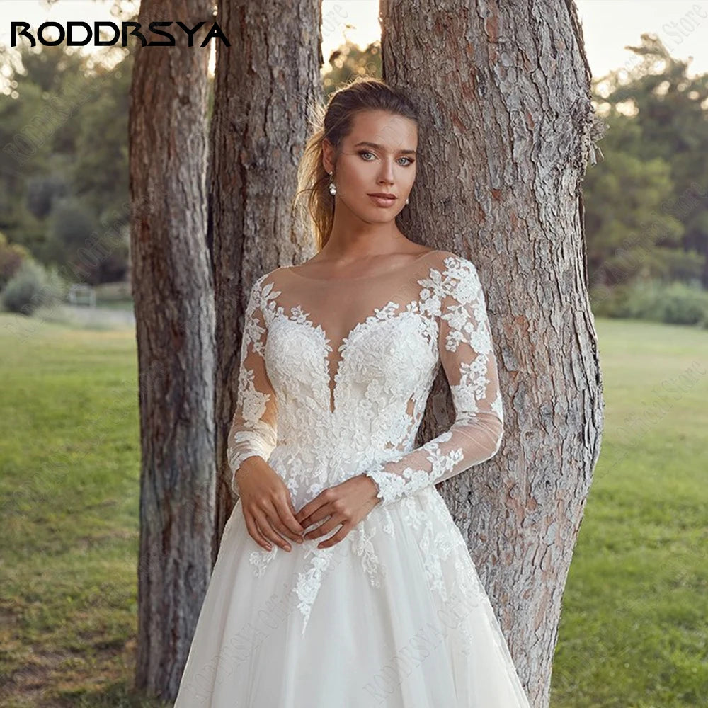 مجموعة اروين arwen & AJH GROUP  Pastrol Wedding Dresses For Woman Long Sleeves Illusion Back Scoop Bride Gowns Applique A-Line Tulle vestidos de novia