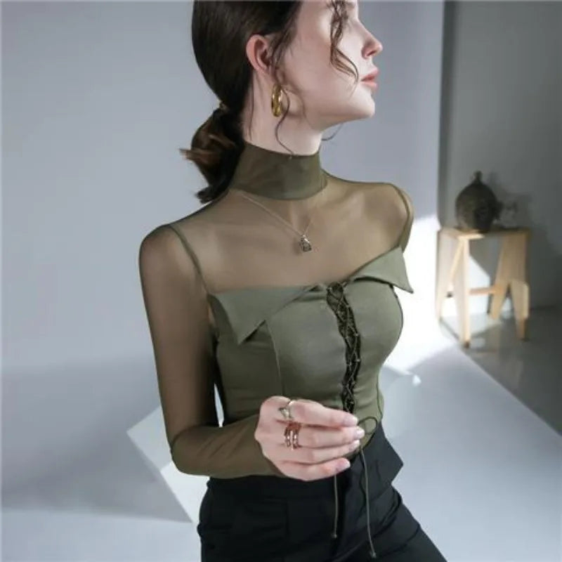 Spring Autumn Fashion High Collar Women's Clothing Leisure Versatile Slim Fit Patchwork Korean Style Tees Female Clothes Tops