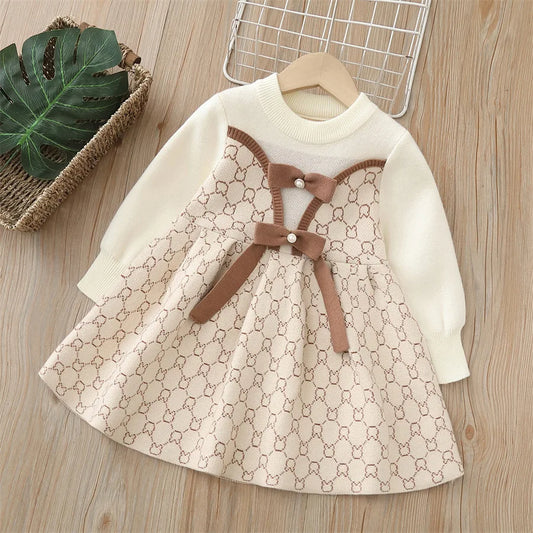 2024 Autumn Winter Children Girl Dress Cotton Rabbit Plaid Spliced Baby Girls Dress Plus Fleece Warm Bow Knitted Kids Girl Dress