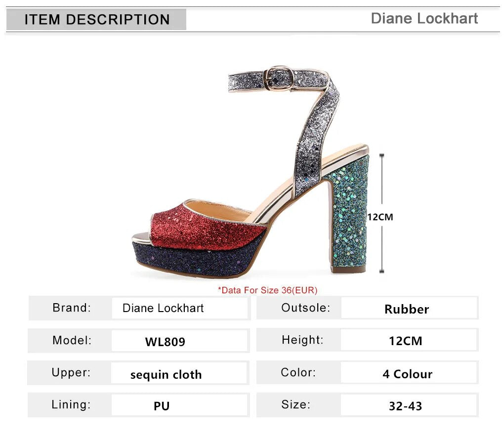 Luxurious Shiny Platform Chunky Block High Heels  For Women Glitter Sequins Ankle  Shoes Summer Dress