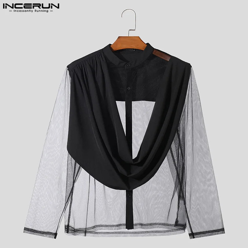 مجموعة اروين التجارية ARWEN&AJH GROUP  2024 European  2024 Men's Irregular Shirt Mesh Patchwork Stand Collar  Long Sleeve  Transparent Fashion Men Clothing