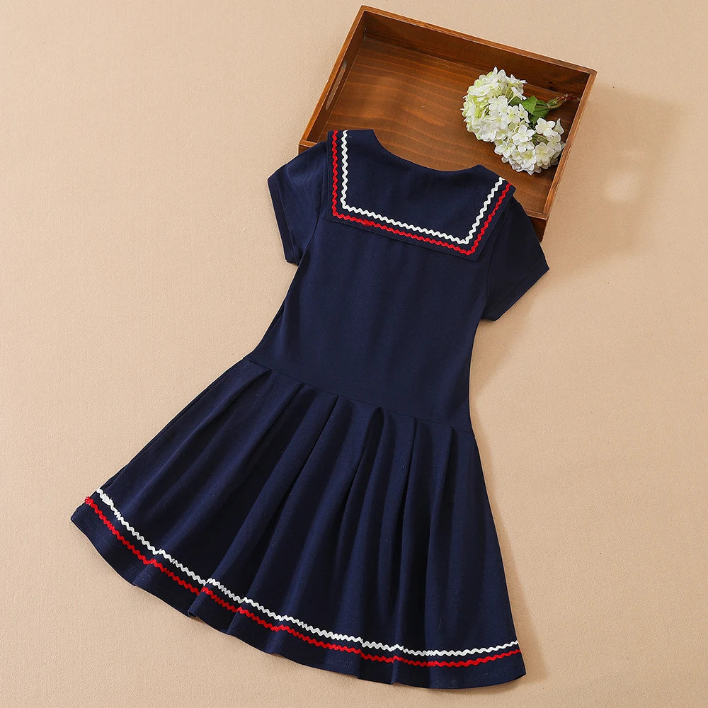 Girls Dress School Uniform Turn-down Collar Dresses 5-12 Years Children's Preppy  Clothing Kids Summer Short Sleeves Clothes