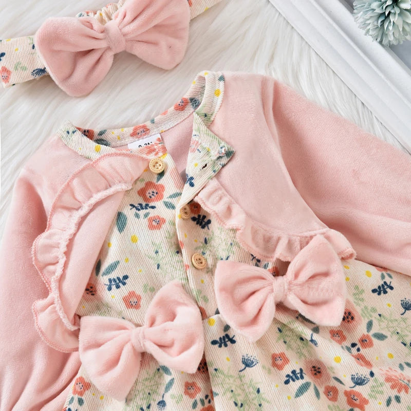 Newborn Baby Girl Casual Romper Outfits, Long Sleeve Floral Printed Patchwork Dress Style Playsuit + Bow-Knot Decor Headband Set