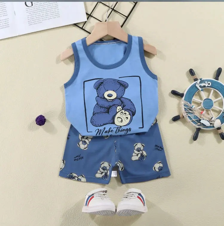 2PCS Children Clothing Vest Suit Children's Sets Summer Cotton T-Shirts Shorts Boys Girls Sleeveless Kids Clothes for baby