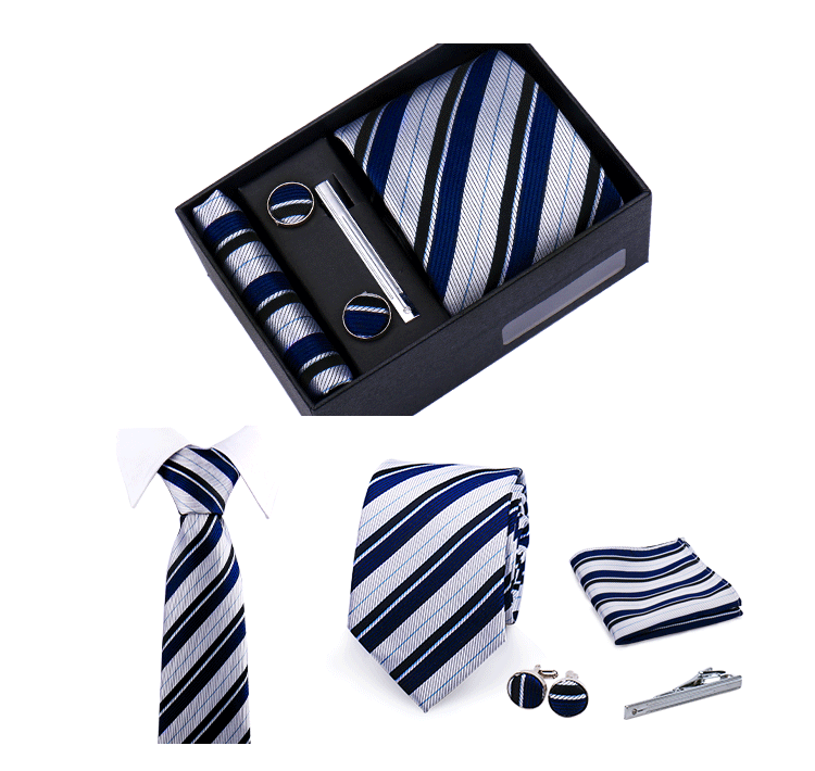 Fashion Elegant Men's Necktie Gift Box Striped Tie Handchief Cufflink Tie Clip 4 pcs Set Wedding Business Party Suit Accessories