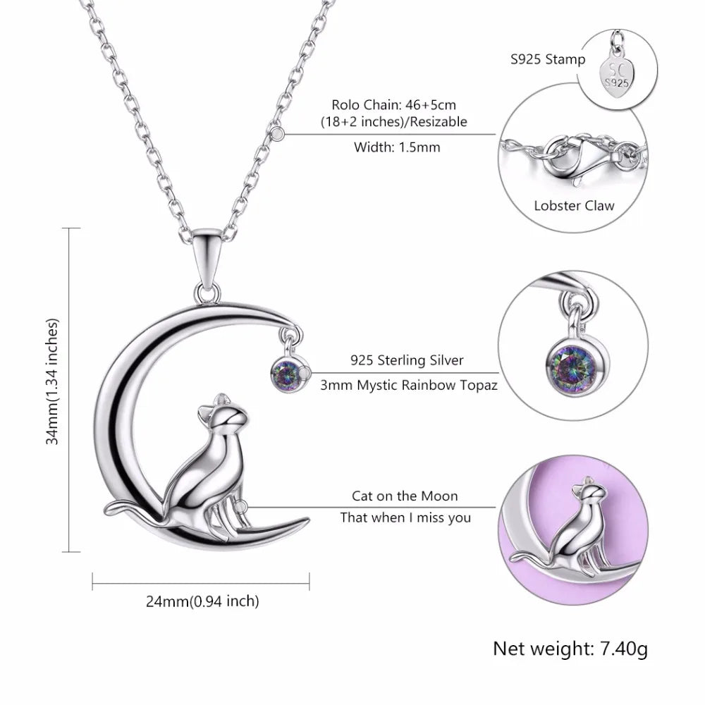 ARWEN & AJH GROUP  Authentic 100% 925 Sterling Silver Cat Moon Necklace Meditation Women Jewelry   Chain & Pendant Valentine Gift SC17