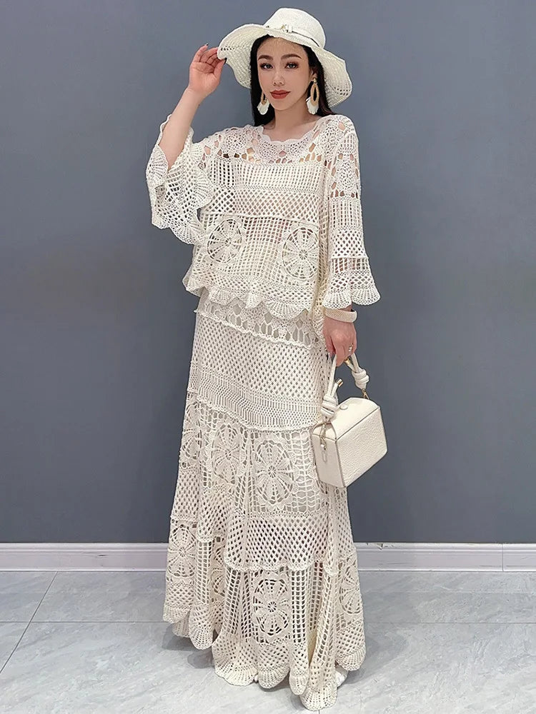 مجموعة أروين التجارية ARWEN & AJH GROUPNew Lace Set With Hollow Top Swing Long Skirt 2 Piece Set Fashionable Elegant Lady 2024 Spring Summer Clothes