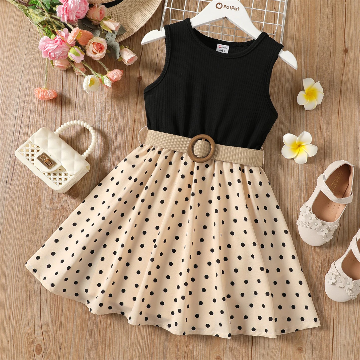 ARWEN & AJH GROUP  2pcs Girl Dresses Kids Clothes Girl Polka Dots Ribbed Girls Splice Sleeveless Dress & Belt