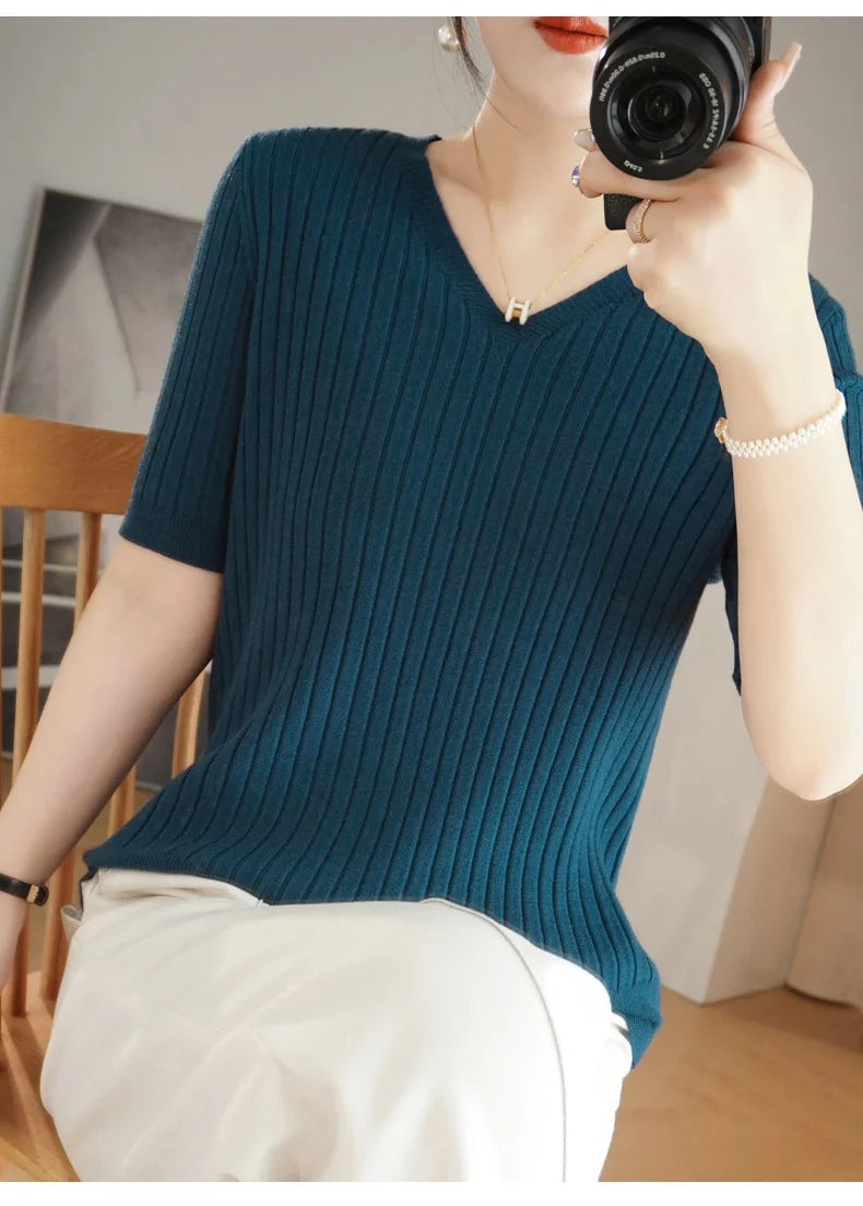 2024 new Women's Clothing Pullovers Sweaters Spring Summer New V-neck Short sleeved Knitted Shirt Base Shirt Solid Color Jumpers