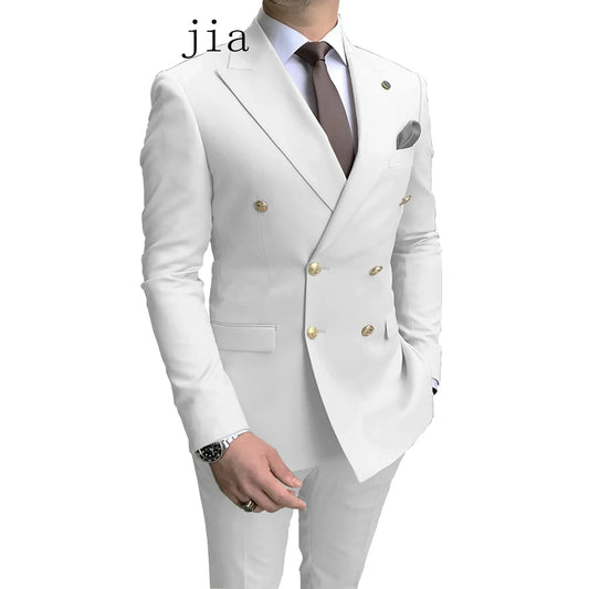 مجموعة اروين ARWEN GROUP AJH 2024  2024 Fashion New Men's Business Double Breasted Solid Color Suit Coat / Male Slim Wedding 2 Pieces Blazers Jacket Pants Trousers