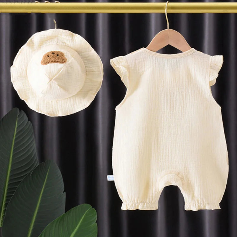 2Pcs Baby Summer Jumpsuits Hat Set Bear Muslin Newborn Romper for Boys Girls Clothes Toddler Onesie Infant Outfit Clothing