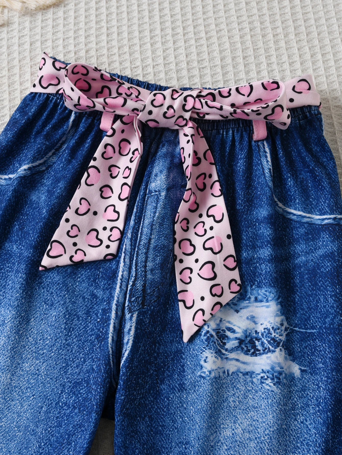 Girls Pink Leopard & Denim Print Fashion Set - 2pcs Pullover & Pants with Elastic Waist & Belt - Comfortable Outfit for Kids